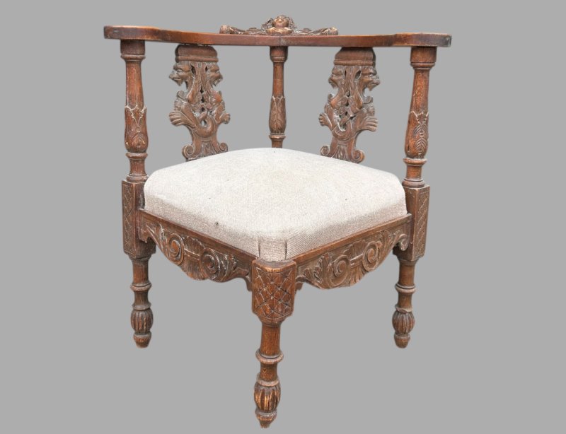 A Lovely Carved Italian Walnut Figural Corner Chair, c.1860